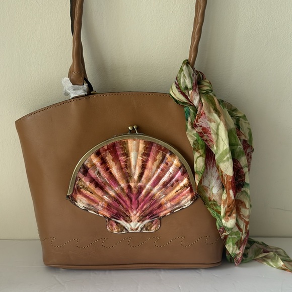 Patiricia Nash Zorita Tooled Seashell Tan Leather Shoulder Bag Scarf Naturale - Picture 10 of 15